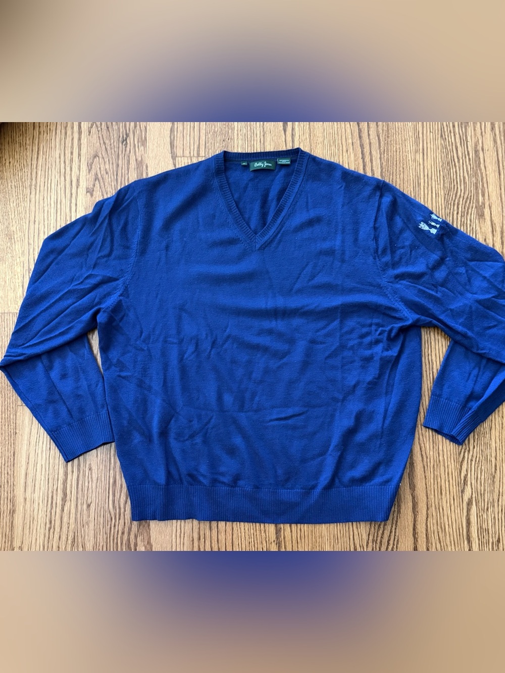 Bobby Jones Men’s Blue Merino Wool V-Neck Knit Logo Pullover Sweater XL